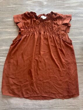 Smocked Neck Rust Ruffle Sleeve Blouse